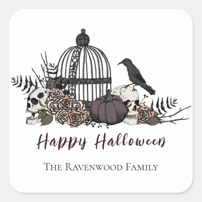 Elegant Black and White Gothic Happy Halloween Square Sticker (Front)