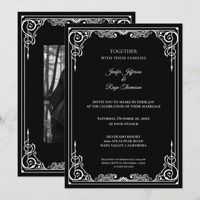Elegant black and white Gothic wedding Invitation (Front/Back)
