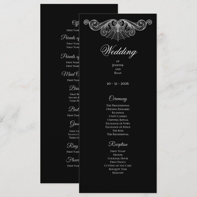 Elegant black and white Gothic Wedding Program Menu (Front/Back)
