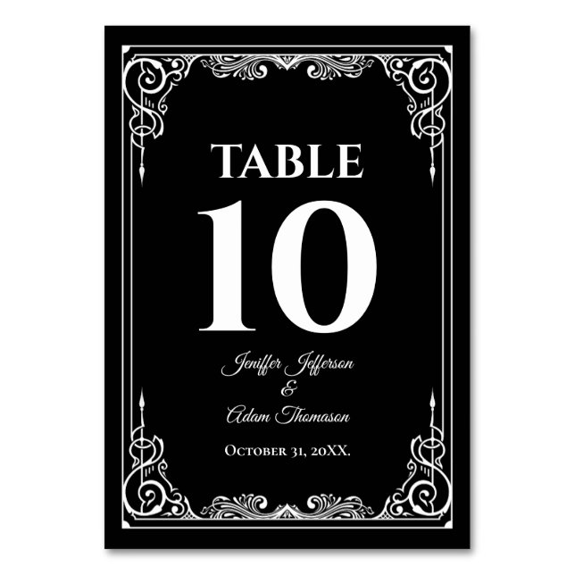 Elegant black and white Gothic Wedding Table Number (Front)