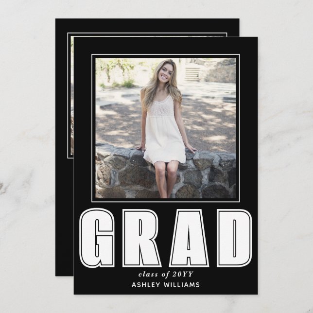 Elegant black and white GRAD Class of 2025 photo Invitation (Front/Back)