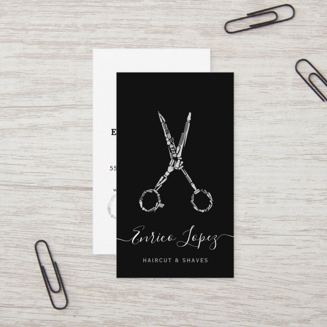 Elegant black and white haircut and shaves barber business card (Front/Back In Situ)
