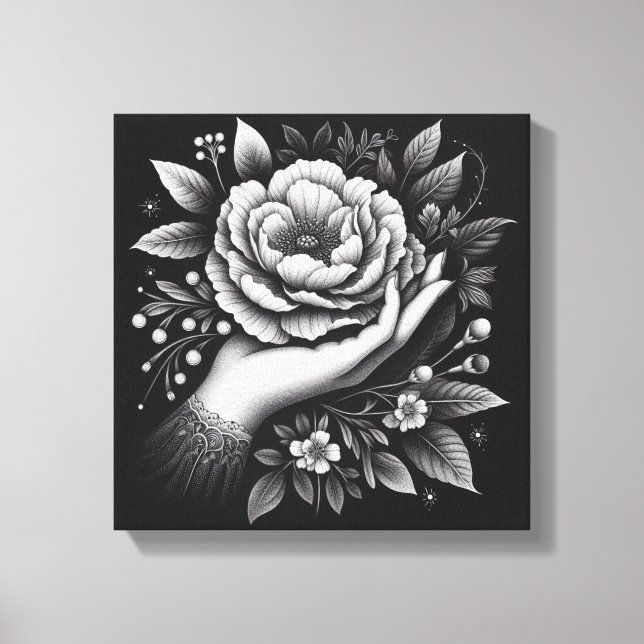 Elegant Black and White Hand Botanical Art Canvas Print (Front)