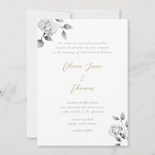Elegant Black and White Hand-Drawn Roses Wedding Invitation (Front)