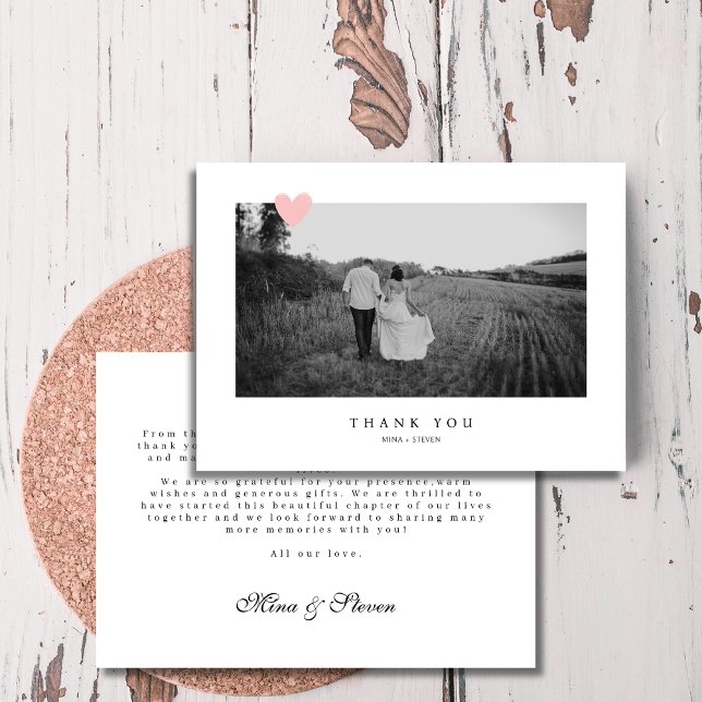 Elegant Black and white heart photo wedding  Thank You Card (Creator Uploaded)