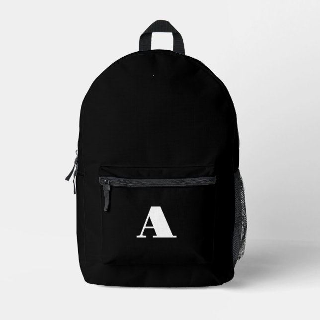 Elegant Black and White Initial Printed Backpack (Front)