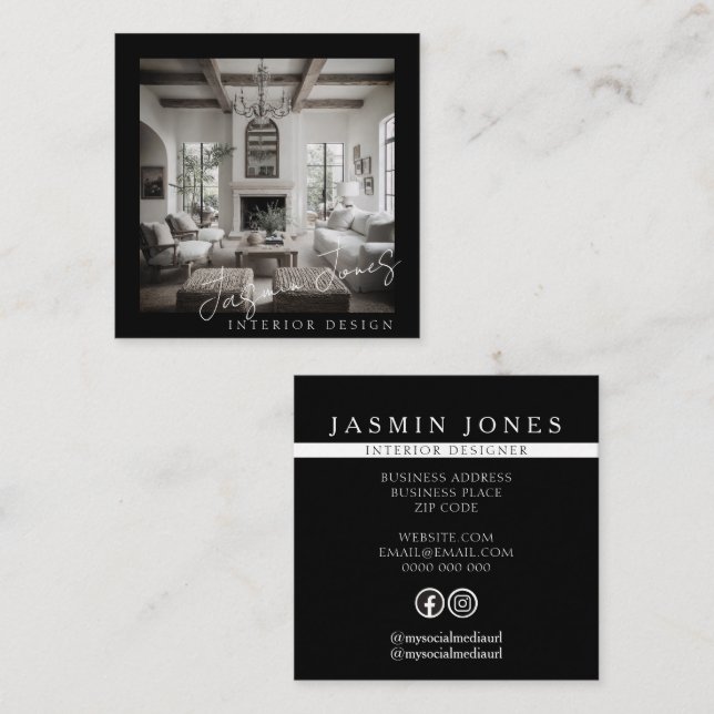 Elegant Black and White Interior Design Photo Square Business Card (Front/Back)