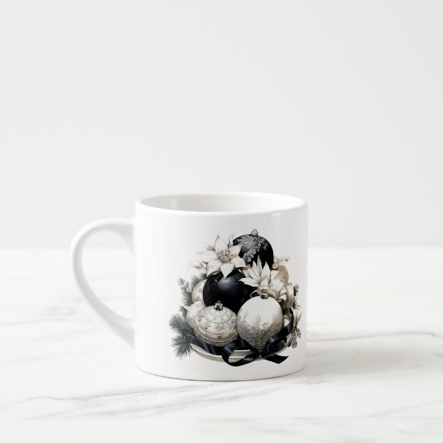 Elegant black and white ivory Christmas ornament Espresso Cup (Left)