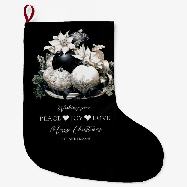 Elegant black and white ivory Christmas ornament Large Christmas Stocking (Front)