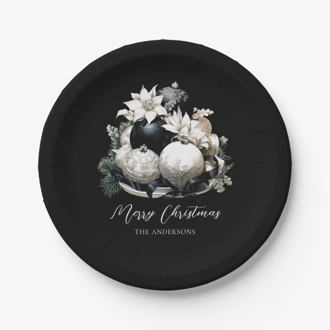 Elegant black and white ivory Christmas ornament Paper Plate (Front)