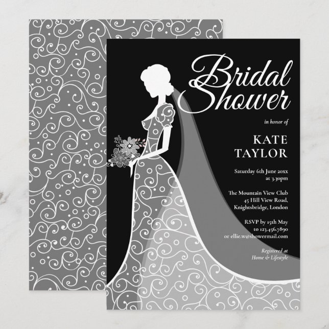Elegant Black and White Lace Gown Bridal Shower Invitation (Front/Back)