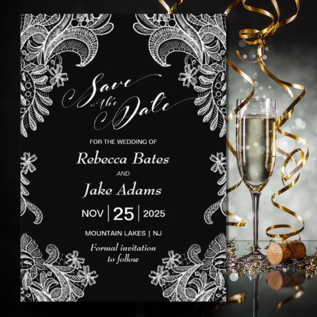 Elegant Black and White Lace Wedding Save The Date (Creator Uploaded)