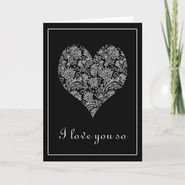 Elegant Black and White Lacy Heart Valentine Holiday Card (Front)