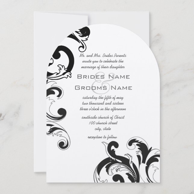 Elegant Black and White Large Damask Wedding Invitation (Back)