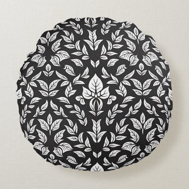Elegant Black and White Leaf Pattern Round Cushion (Front)