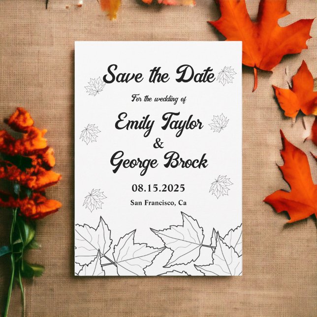 Elegant Black And White Leaves Rustic Fall Wedding Save The Date (Creator Uploaded)