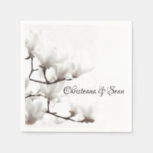 Elegant Black and White Magnolia Floral Watercolor Napkin