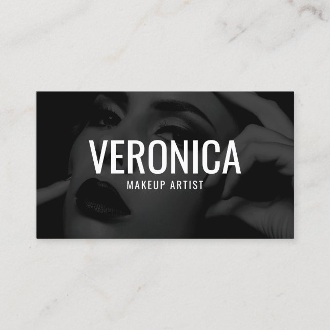 Elegant black and white makeup artist photo bold business card (Front)