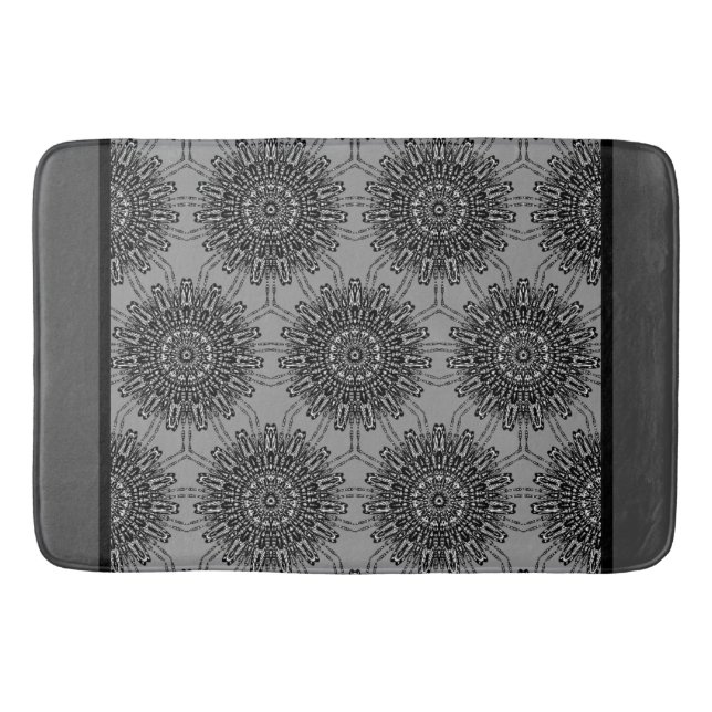 Elegant Black and White Mandala Pattern with Grey Bath Mat (Front)