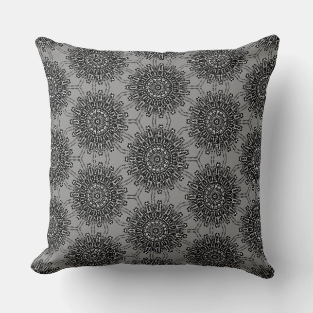 Elegant Black and White Mandala Pattern with Grey Cushion (Front)