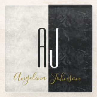 Elegant Black and White Marble Monogrammed Glass Coaster