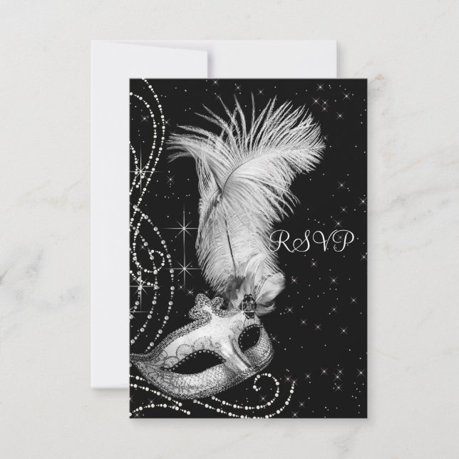 Elegant Black and White Masquerade Party RSVP Card (Front)