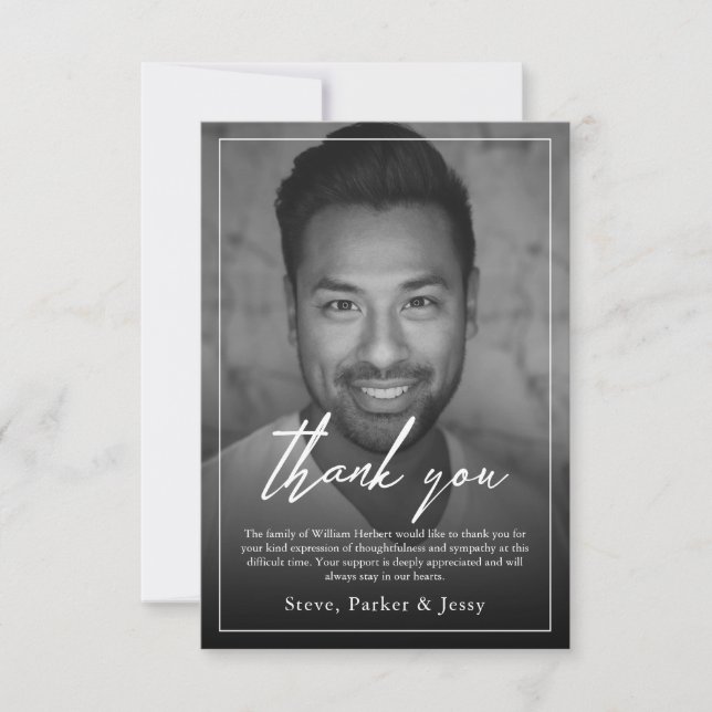 Elegant Black and White memorial Funeral Photo Thank You Card (Front)