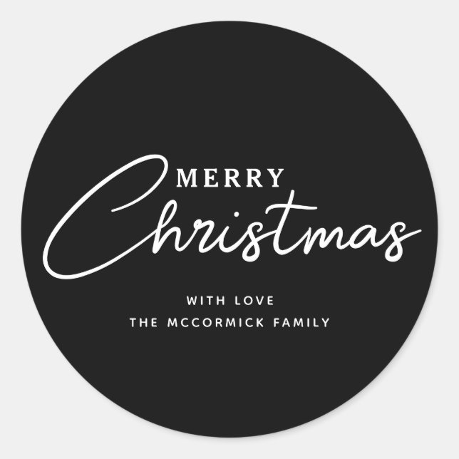 Elegant Black And White Merry Christmas Script Classic Round Sticker (Front)