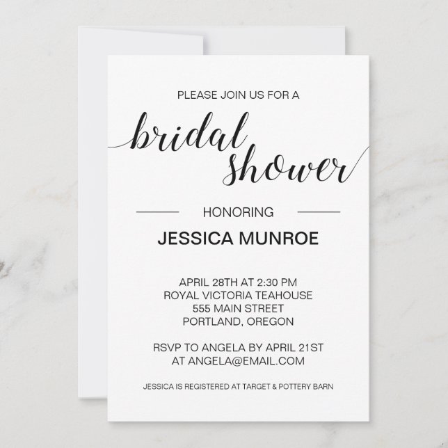 Elegant Black and White Minimalist Bridal Shower Invitation (Front)
