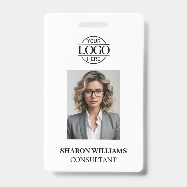 Elegant Black and White Minimalist Employee Photo ID Badge (Front)