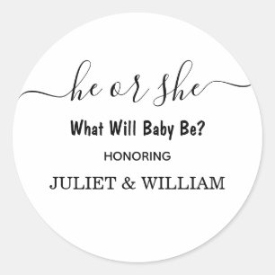 Elegant Black And White Minimalist Gender Reveal Classic Round Sticker