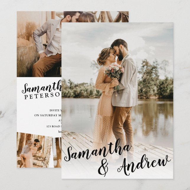 Elegant black and white minimalist photo wedding invitation (Front/Back)