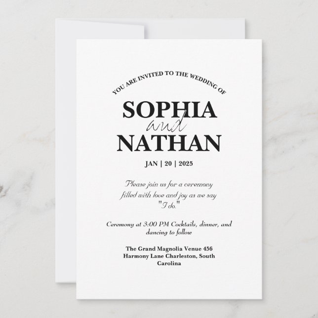 Elegant Black and White Minimalist Wedding  Invitation (Front)