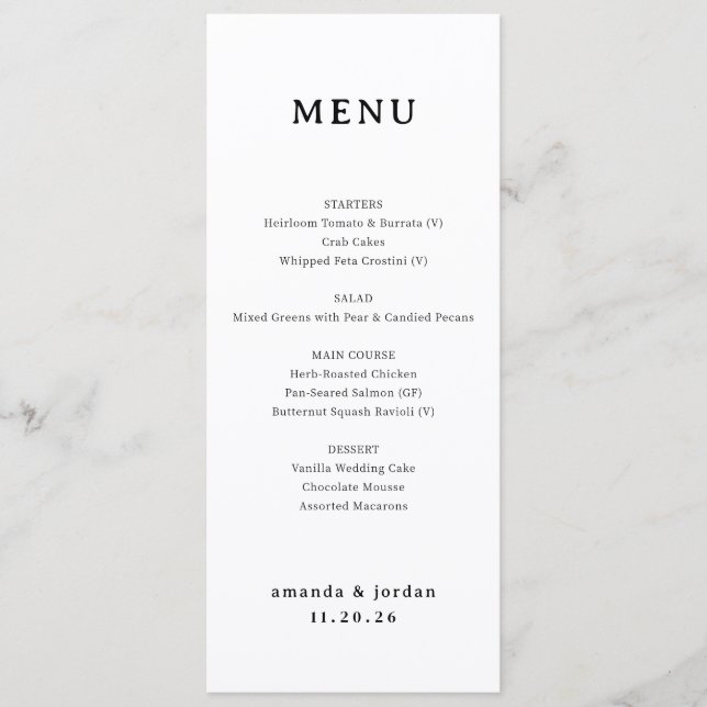 Elegant Black and White Minimalist Wedding Menu (Front)