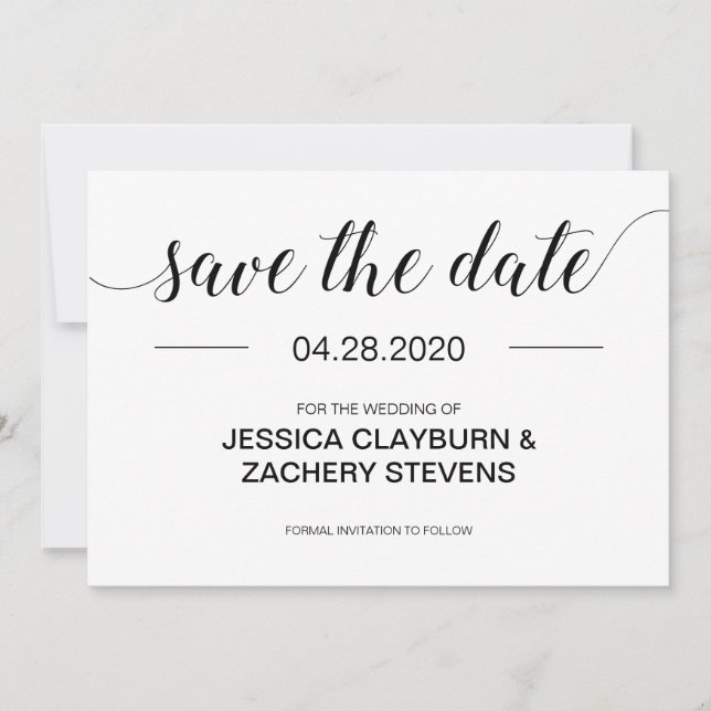 Elegant Black and White Minimalist Wedding Save The Date (Front)