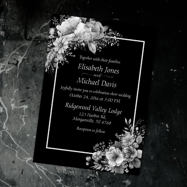 Elegant Black And White Modern Gothic Wedding Invitation (Monochromatic palette embodies mystery & sophistication for your Gothic Halloween wedding.)