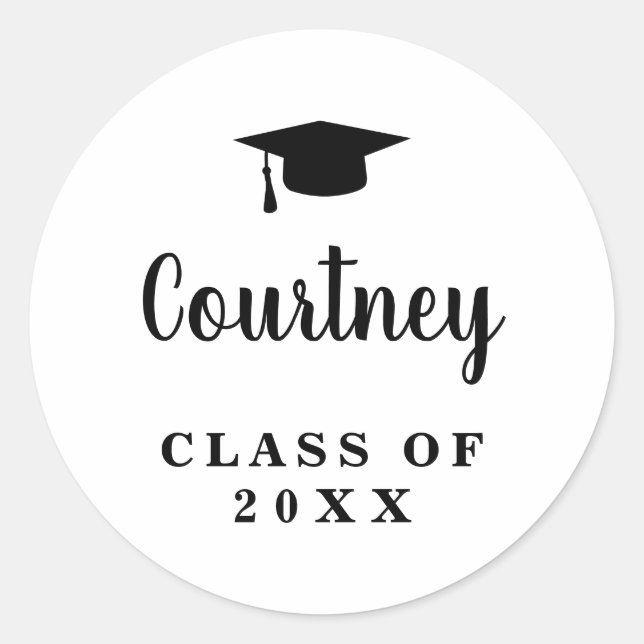 Elegant Black and White Modern Graduation Classic Round Sticker (Front)