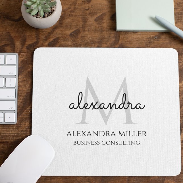 Elegant Black and White Modern Monogram Name Mouse Mat (Creator Uploaded)