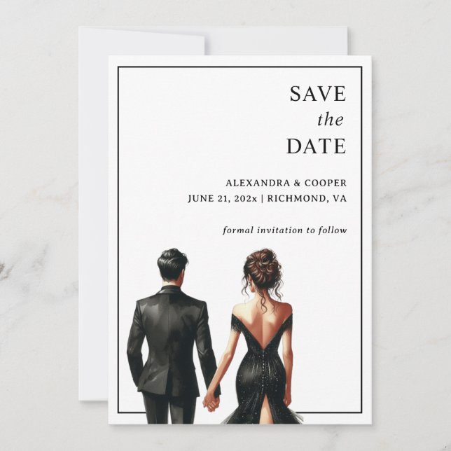 Elegant Black and White Modern Save the Date Invitation (Front)