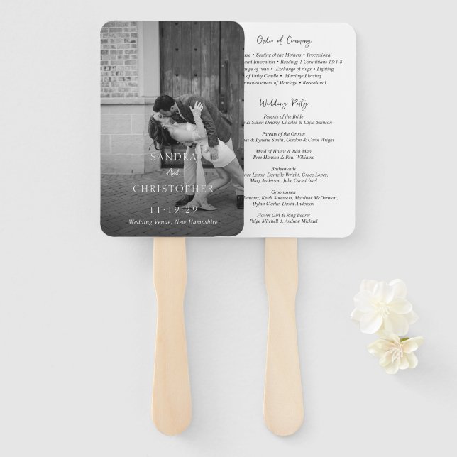 Elegant Black and White Modern Wedding Program Hand Fan (Front and Back)