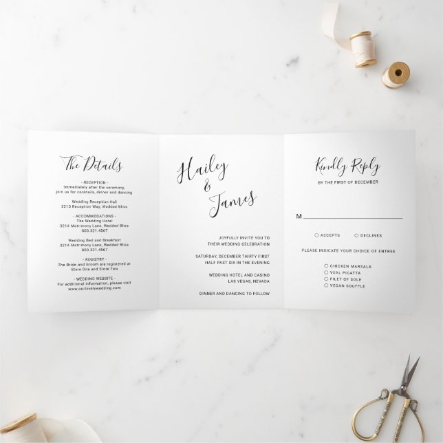 Elegant Black and White Modern Wedding Tri-Fold Invitation (Inside)