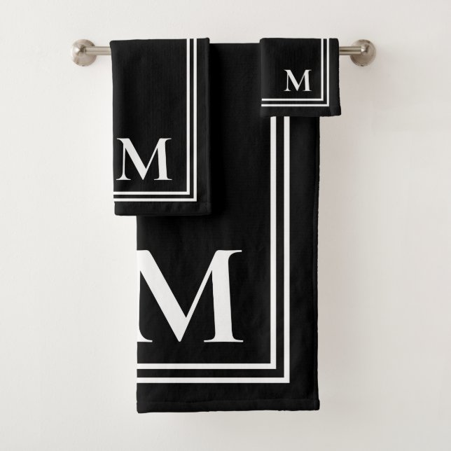 Elegant Black and White Monogram Bath Towel Set (Insitu)