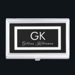 Elegant Black and White Monogram Business Card Holder<br><div class="desc">This elegant black and white business card case has monogrammed initials in a modern white typography with your name below accented by a white frame.  Designed by artist Susan Coffey.</div>