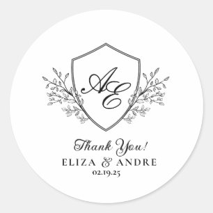 Elegant Black and White Monogram Crest Wedding Classic Round Sticker