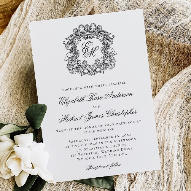 Elegant Black and White Monogram Crest Wedding Invitation (Creator Uploaded)