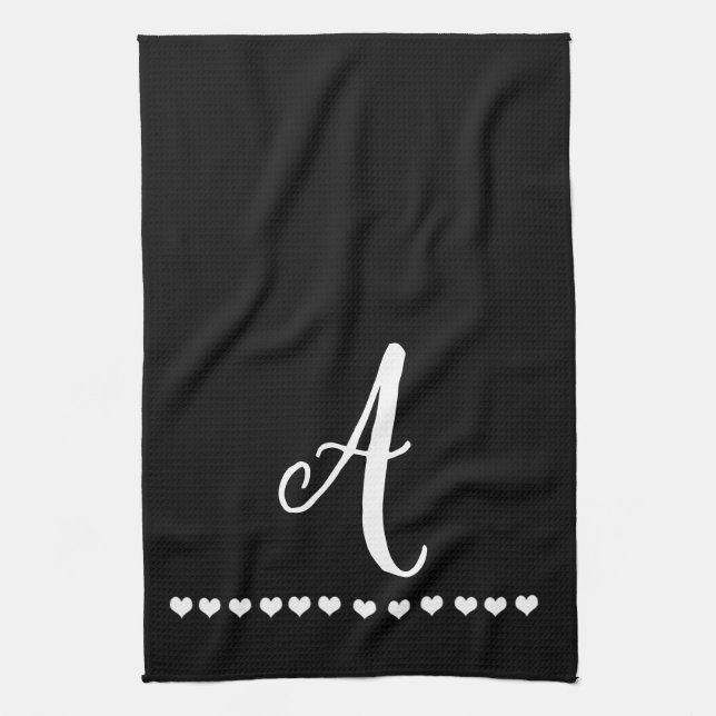 Elegant Black and White Monogram Initial Tea Towel (Vertical)