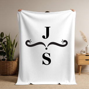 Elegant Black and White Monogram Initials Inline Fleece Blanket