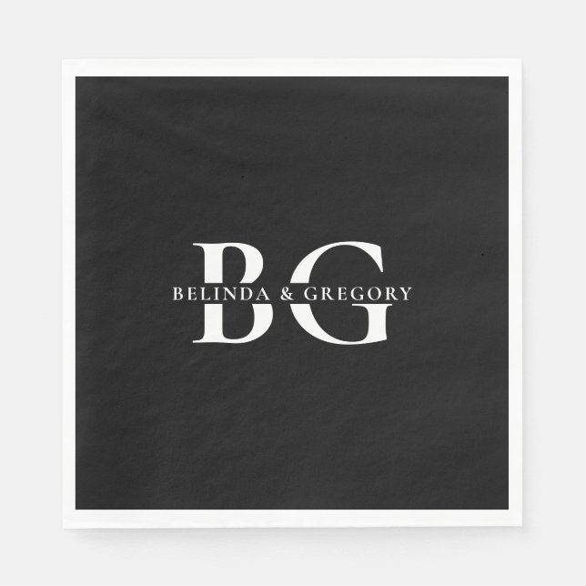 Elegant Black and White Monogram Initials Wedding Napkin (Front)