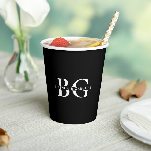 Elegant Black and White Monogram Initials Wedding Paper Cups (Insitu)