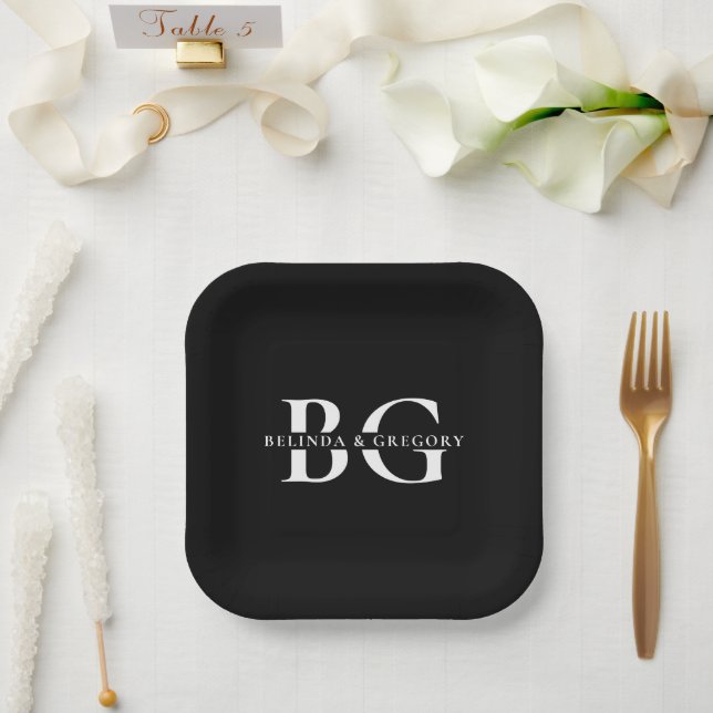 Elegant Black and White Monogram Initials Wedding Paper Plate (Wedding)
